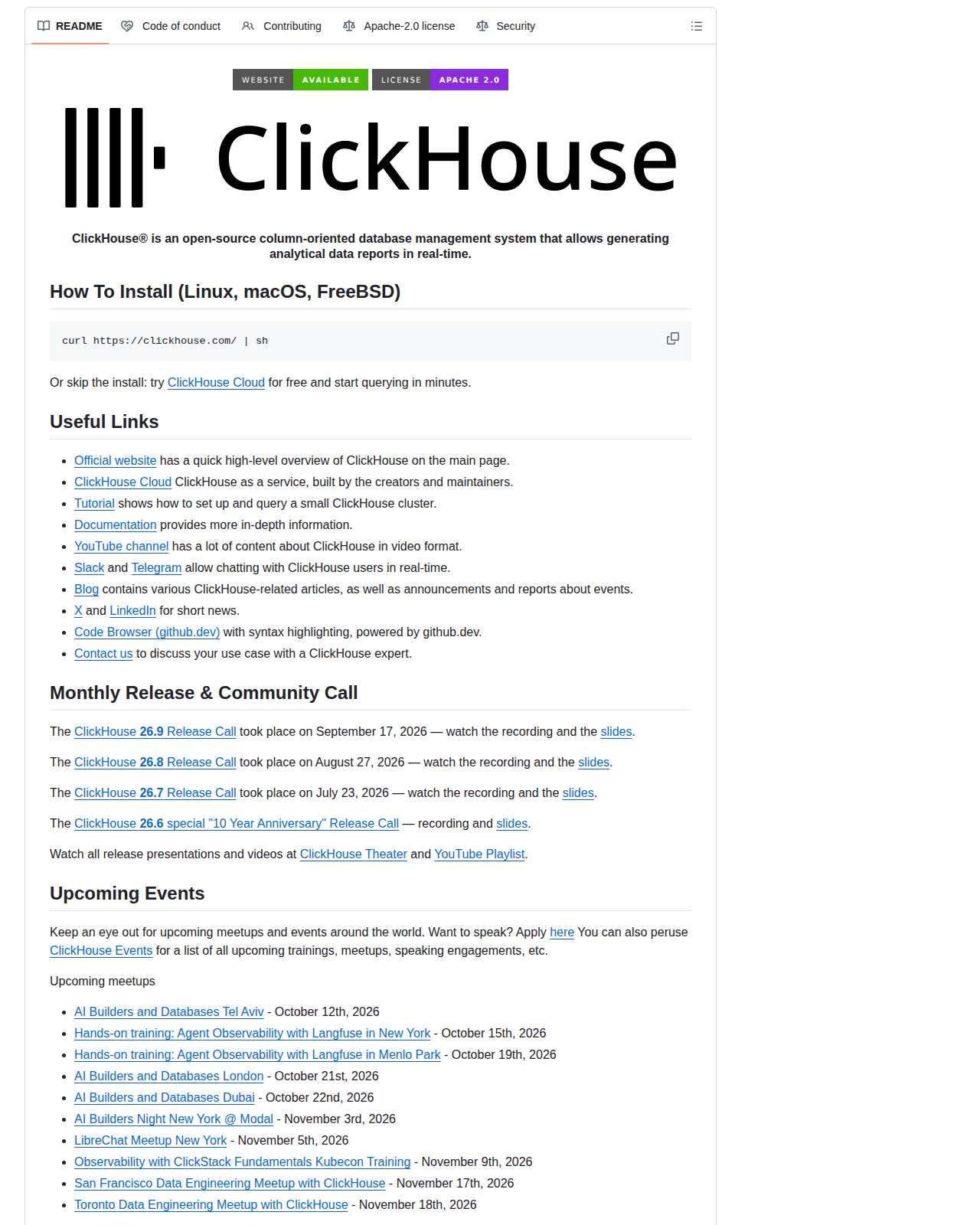 ClickHouse 的 GitHub 儲存庫 README 開頭,顯示官方標誌與說明文字,指出 ClickHouse 是一套開源的列式資料庫管理系統,可即時產生分析報表,下方列出 Linux、macOS 與 FreeBSD 的一行安裝指令以及官方文件、教學與社群連結