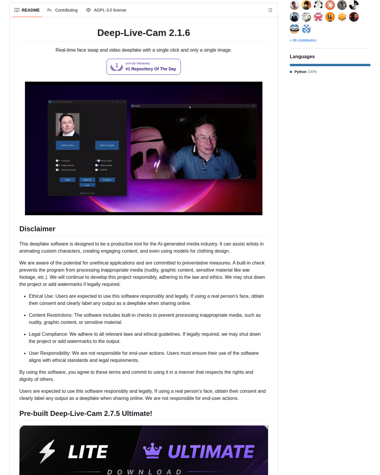 Deep-Live-Cam 專案 README 開頭，顯示專案名稱 Deep-Live-Cam 2.1.6、標語 Real-time face swap and video deepfake with a single click and only a single image，以及實際換臉介面示範