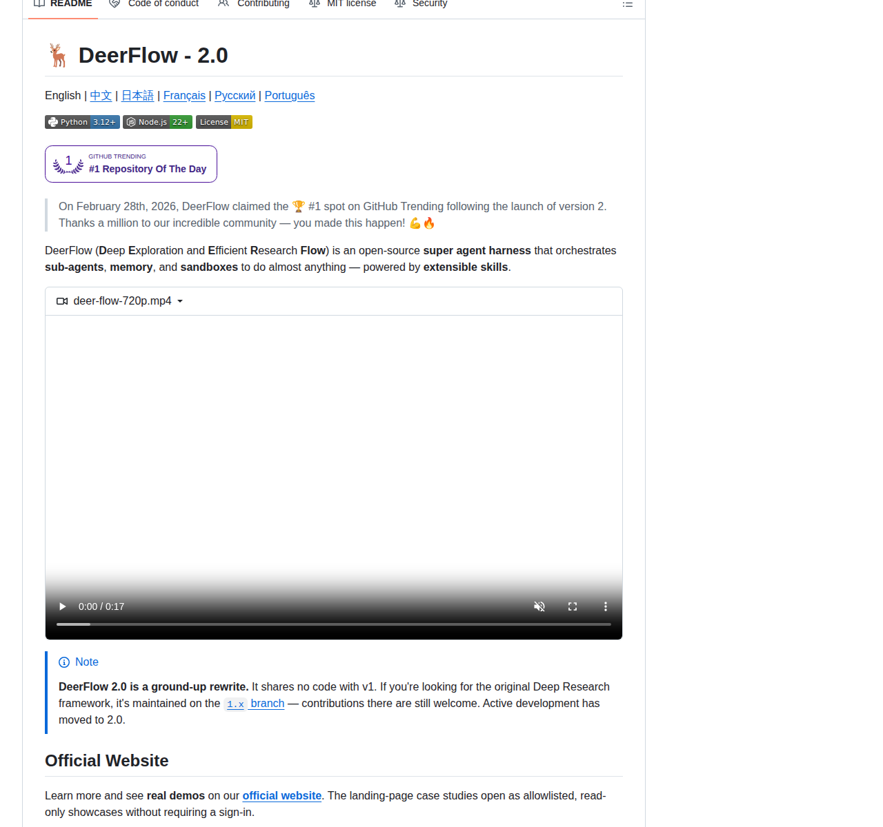 DeerFlow 2.0 的 GitHub README 開頭,顯示專案標題「DeerFlow - 2.0」、語言切換連結、Python 3.12 與 Node.js 22 需求徽章、MIT 授權標示,以及官方預覽影片