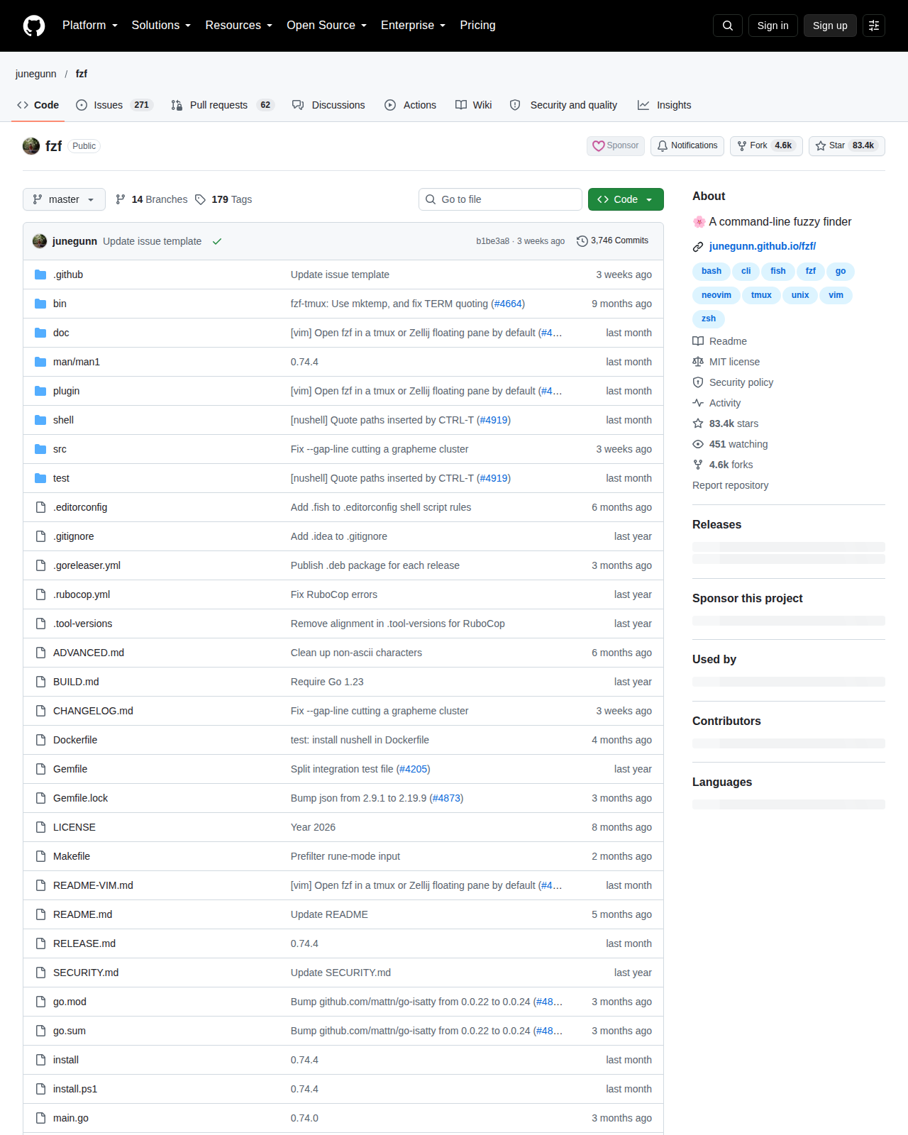 fzf GitHub 首頁頂部（儲存庫名稱、8.3 萬星標數字、3,746 次提交與 Topics 標籤）