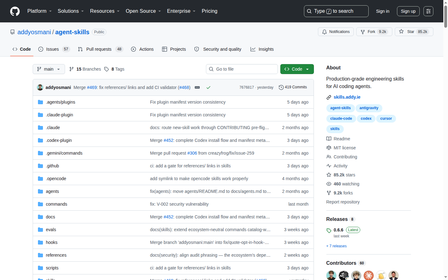 Agent Skills GitHub 首頁頂部（repo 名 addyosmani/agent-skills + 85.2k stars + 項目描述）