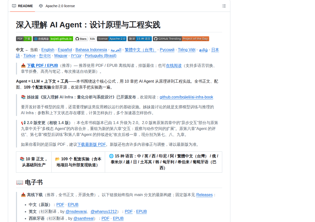 bojieli/ai-agent-book README 開頭（專案名稱《深入理解 AI Agent》、核心公式與多語言連結）