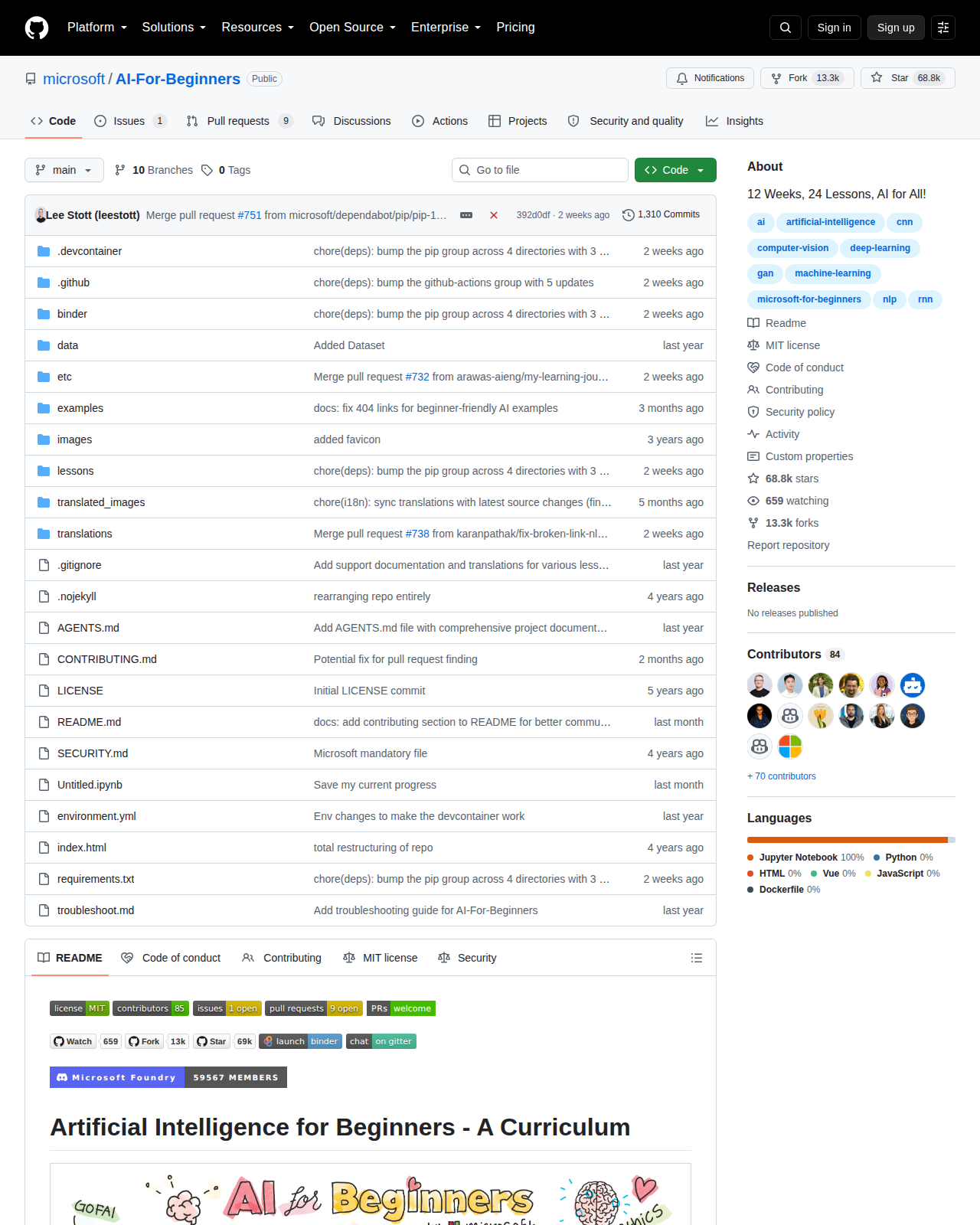 microsoft/AI-For-Beginners GitHub 首頁頂部（repo 名稱、68.8k 星標、13.3k 分支與「12 Weeks, 24 Lessons, AI for All!」描述）