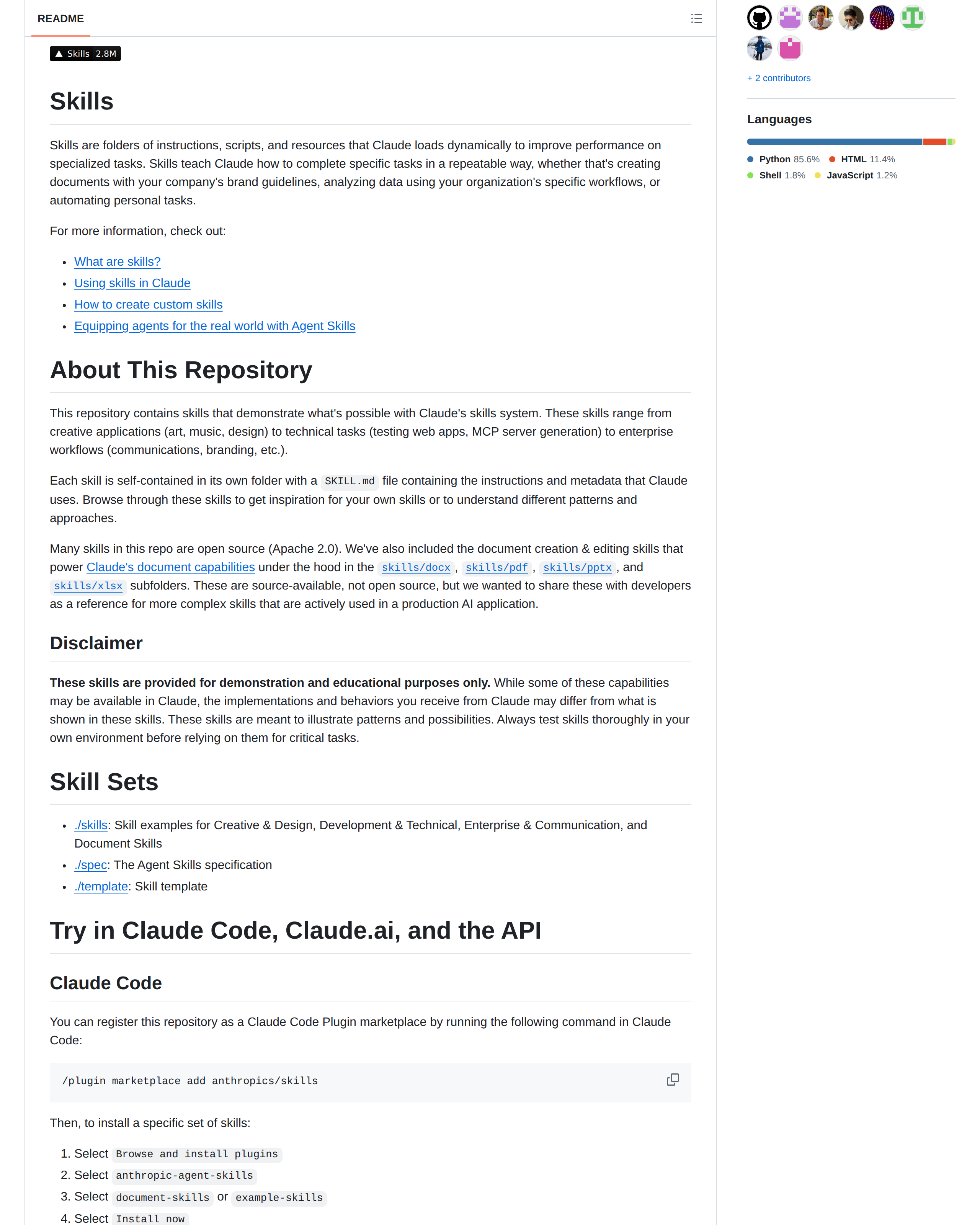 Anthropic Skills README 開頭(項目名稱「Skills」+ 標語「Skills are folders of instructions, scripts, and resources」+ 社群 badge)