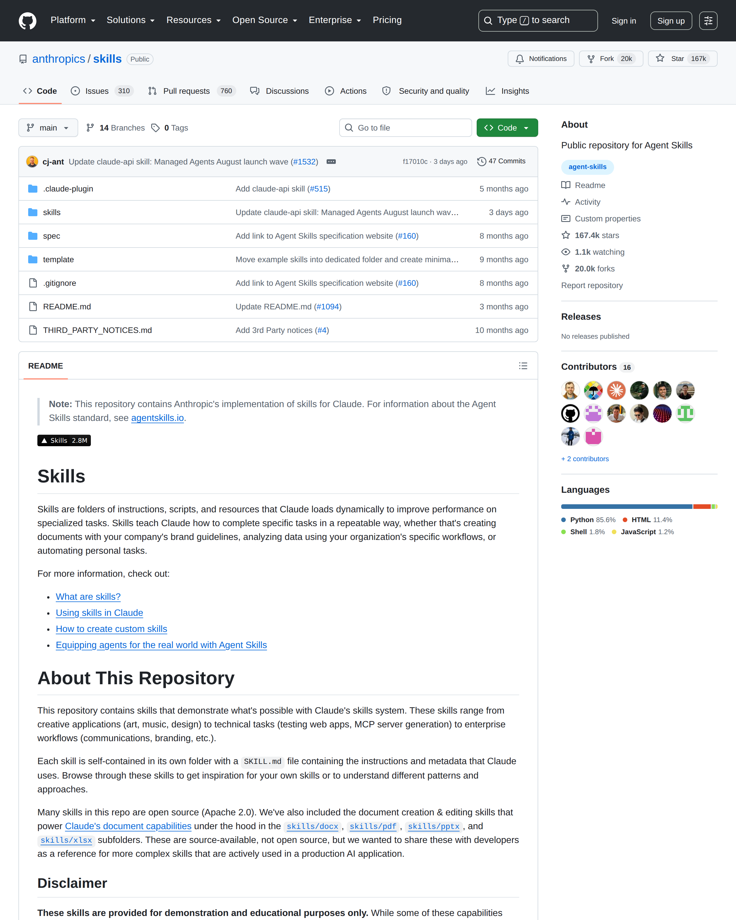 Anthropic Skills GitHub 首頁頂部(repo 名 anthropics/skills + 167k stars + 項目描述「Public repository for Agent Skills」)
