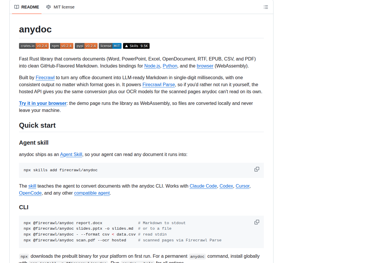 firecrawl/anydoc README 開頭(專案名稱、徽章列與「把任何辦公室文件轉為可供語言模型使用的 Markdown」說明)