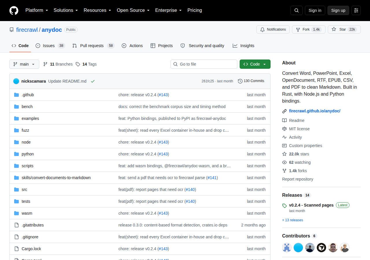 firecrawl/anydoc GitHub 儲存庫頁面頂部(儲存庫名稱 firecrawl/anydoc、Star 數 22k 與 Rust 語言標示)