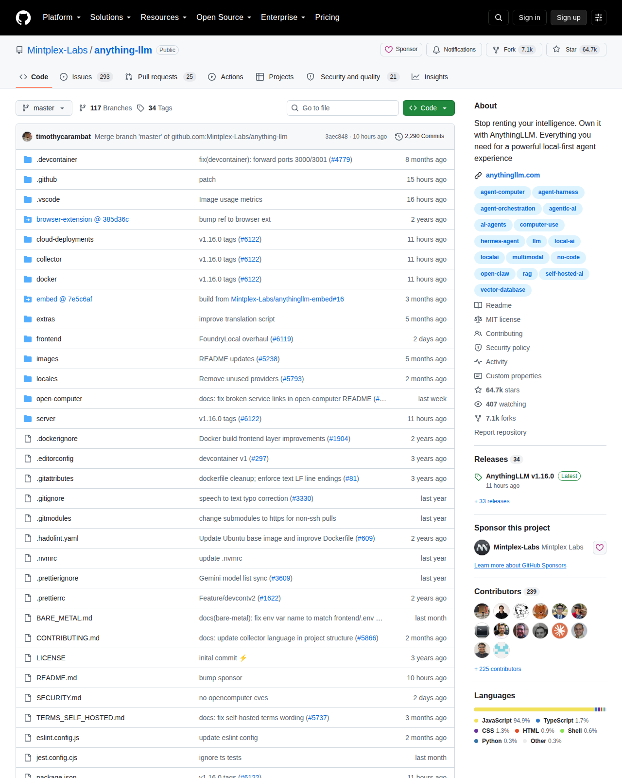 AnythingLLM GitHub 首頁頂部（repo 名稱「Mintplex-Labs/anything-llm」+ Star 數量 64.7k + Fork 數量 7.1k + 項目描述「Stop renting your intelligence. Own it with AnythingLLM」+ Topics 標籤）