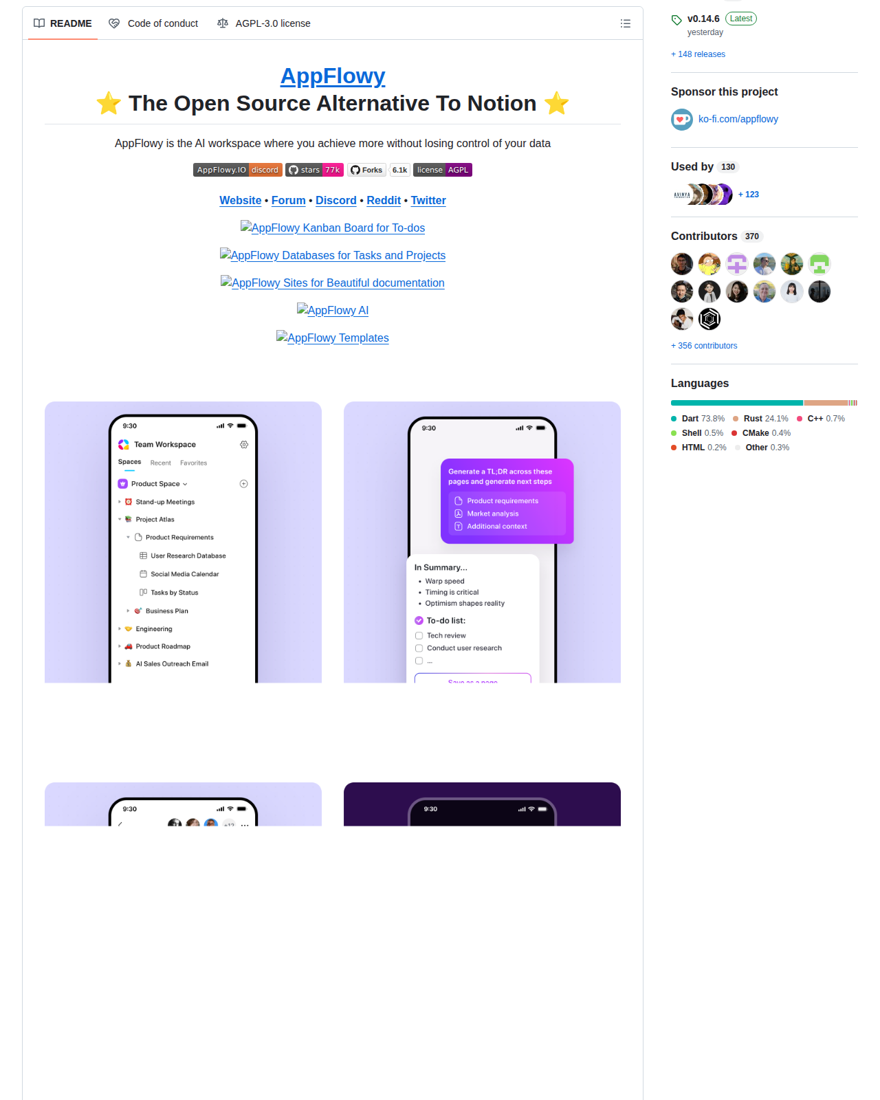 AppFlowy 專案的 README 開頭,顯示專案名稱、Notion 開源替代方案標語與資料主權描述