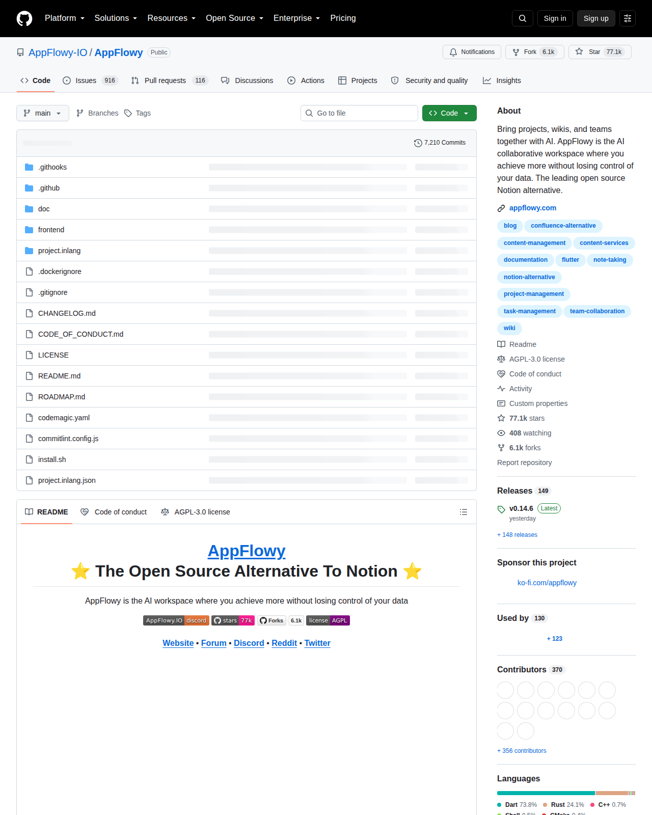 AppFlowy 的 GitHub 儲存庫首頁,顯示儲存庫名稱 AppFlowy-IO/AppFlowy、星標數與專案描述