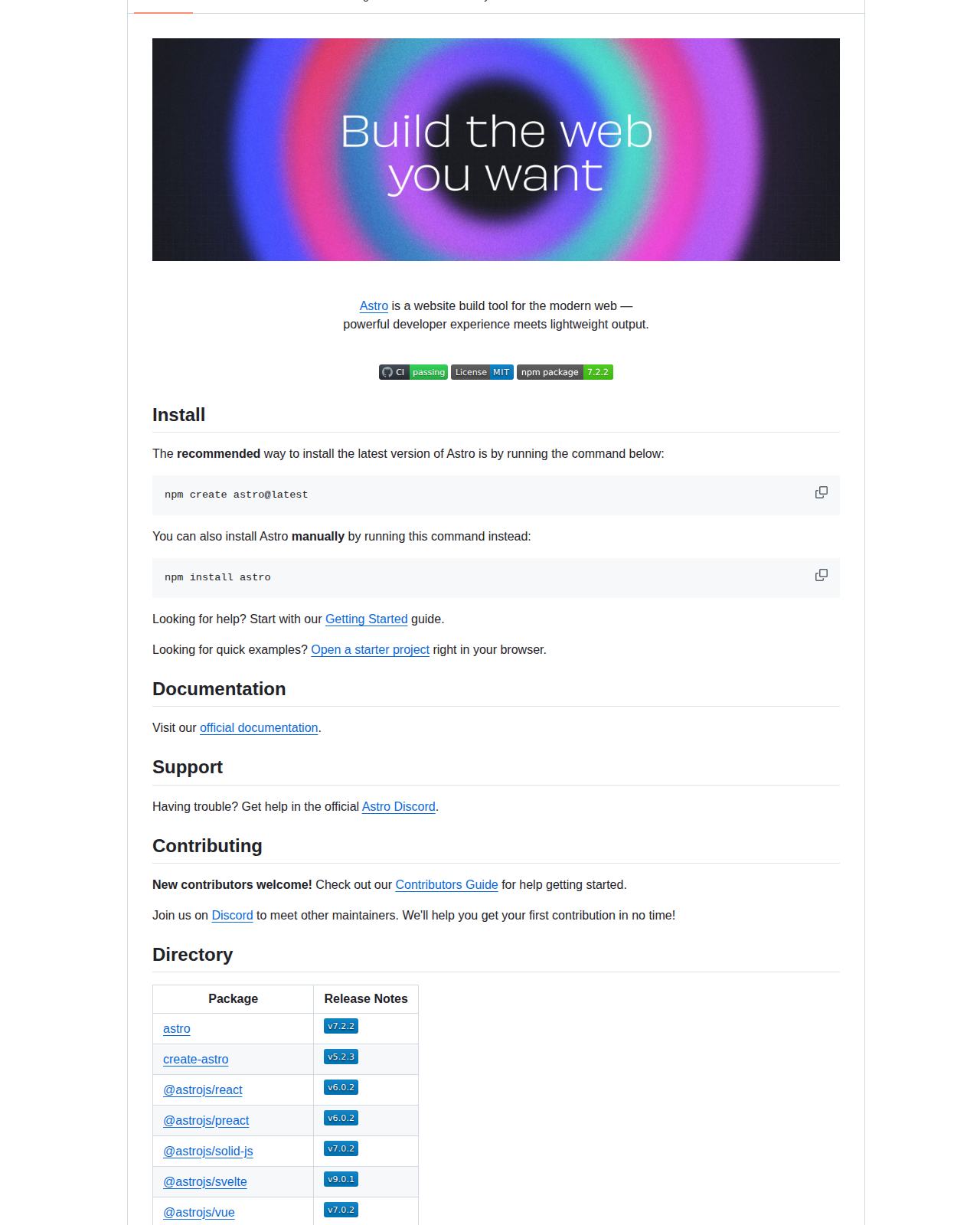 Astro README 開頭（橫幅圖「Build the web you want」+ Astro 項目簡介「Astro is a website build tool for the modern web」+ CI 通過、MIT 授權、npm 版本 7.2.2 徽章 + 安裝指令區塊）