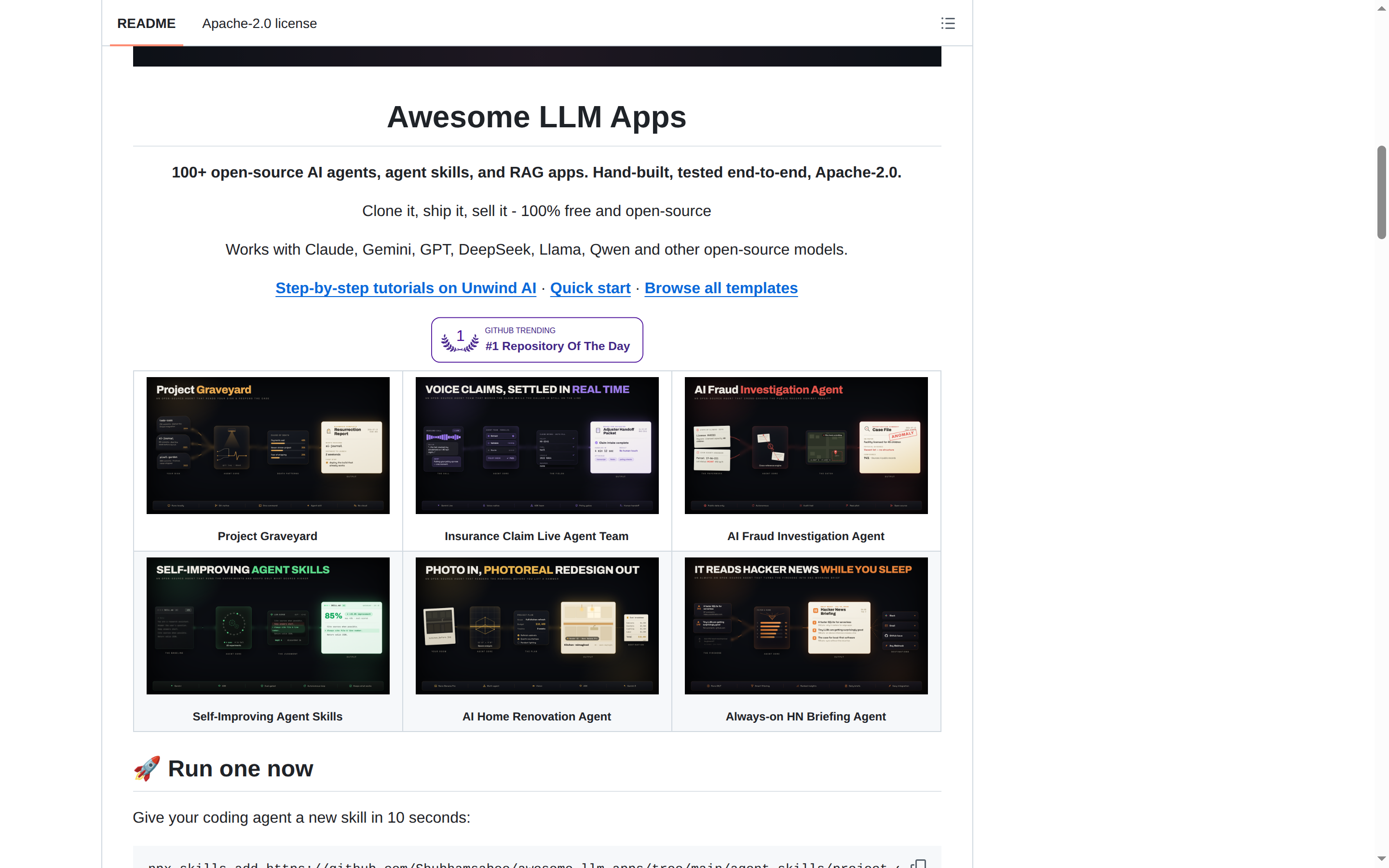 Awesome LLM Apps README 開頭（項目 H1 大字 + 定位描述）