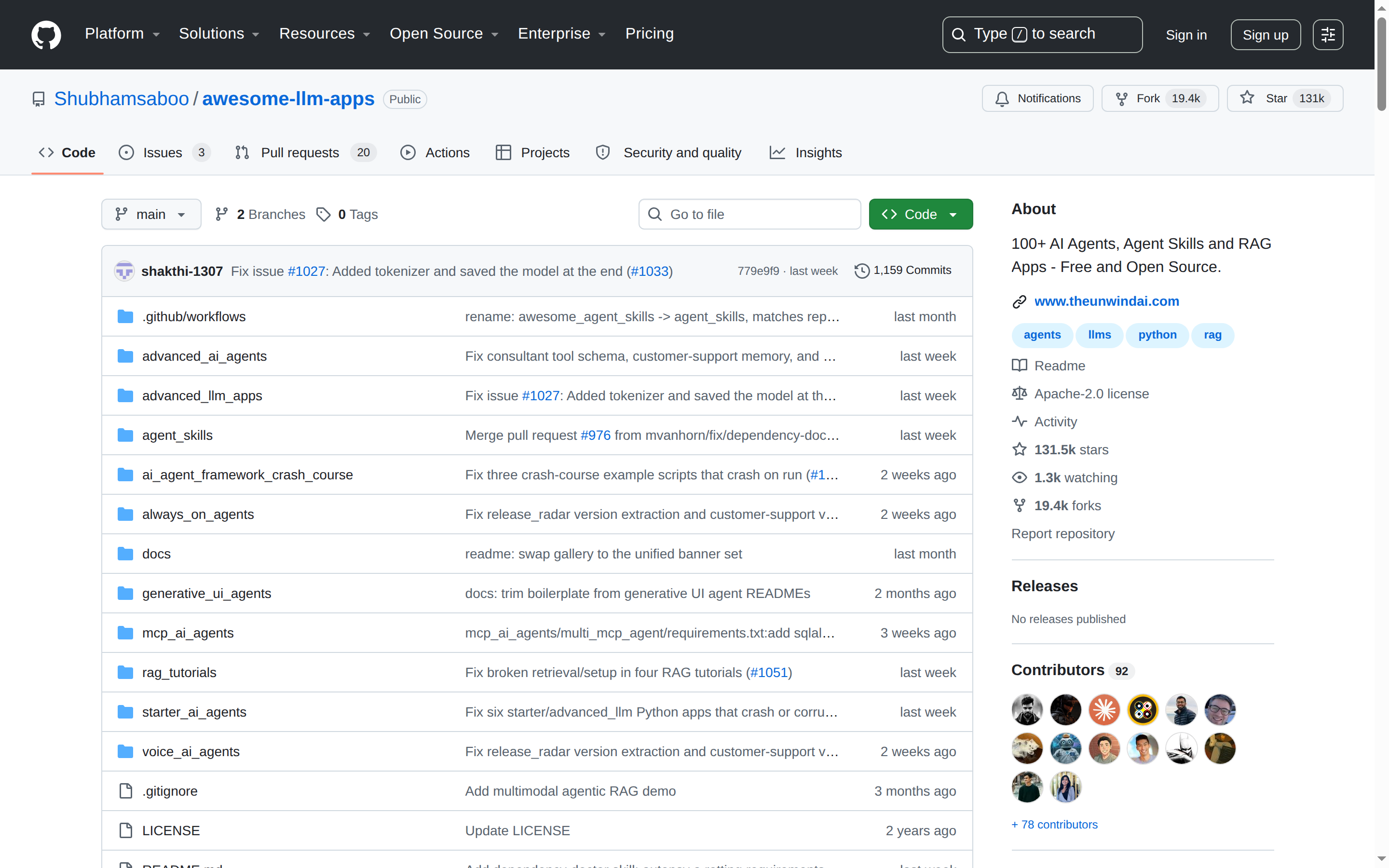 Awesome LLM Apps GitHub 主頁（repo 名 + 131k stars + 項目描述）