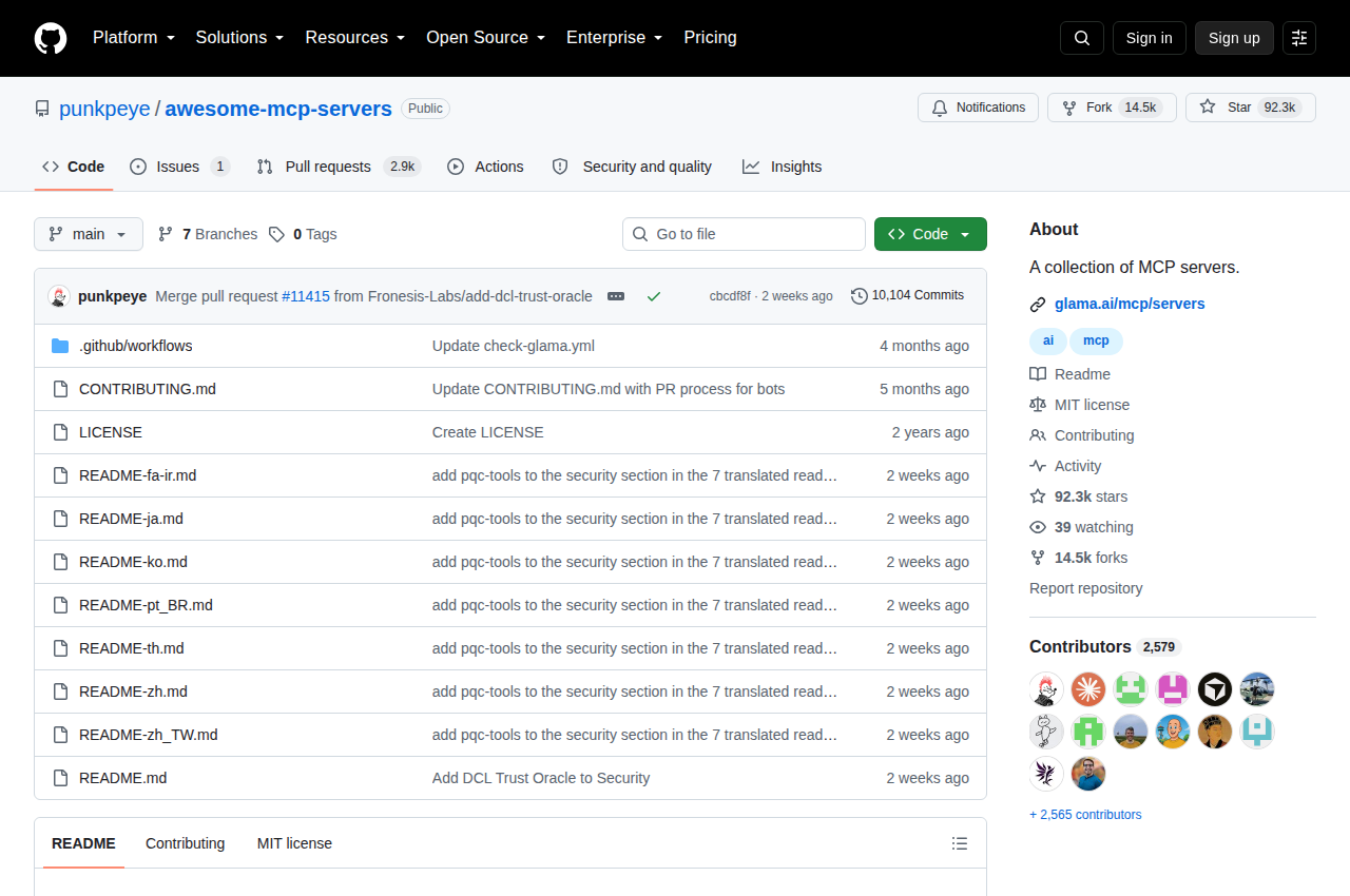 Awesome MCP Servers GitHub 首頁頂部(repo 名稱「punkpeye/awesome-mcp-servers」+ Star 數量 92,286 + Fork 數量 14,455 + 項目描述「A collection of MCP servers」+ Topics 標籤)