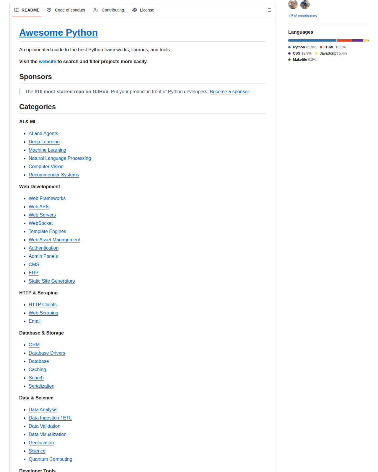Awesome Python 的 GitHub README 開頭，顯示專案標題 Awesome Python、副標語 opinionated guide to the best Python frameworks, libraries, and tools，以及造訪官網搜尋與篩選的提示