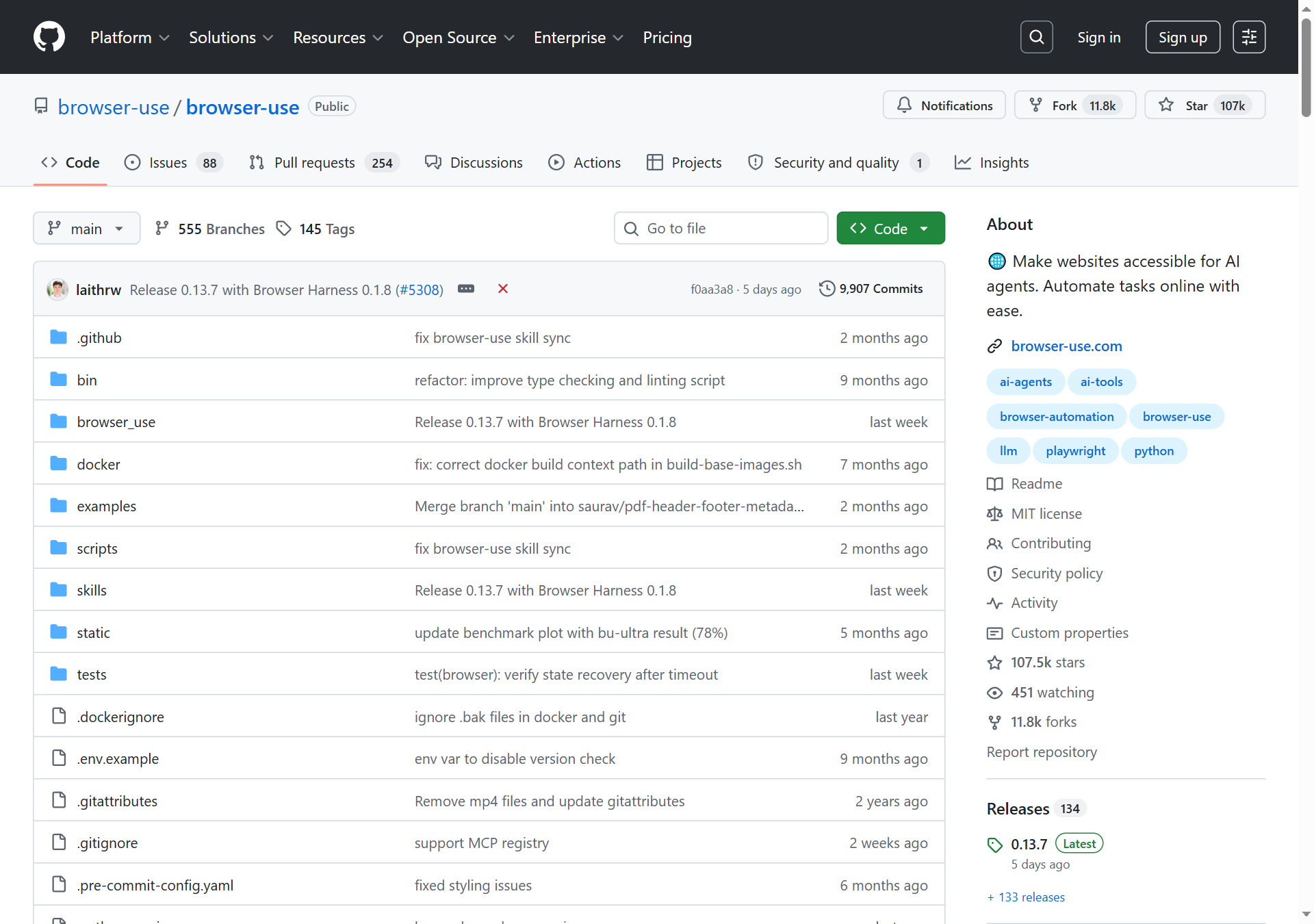 browser-use GitHub 主頁(107k stars)