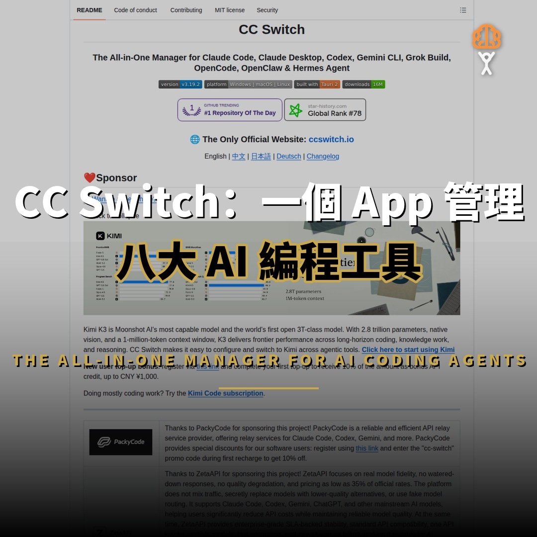 127,311 星開源項目：CC Switch — 統一管理八大 AI 工具