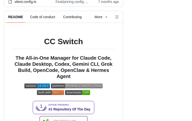 CC Switch README 開頭（項目名稱「CC Switch」大字 + 標語「The All-in-One Manager for Claude Code, Claude Desktop, Codex, Gemini CLI, Grok Build, OpenCode, OpenClaw & Hermes Agent」+ 版本與平台徽章 + Trendshift 與 Star History 熱門徽章）