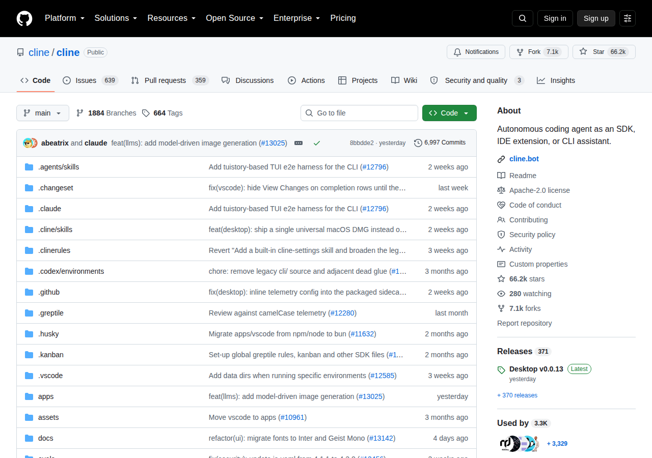 Cline GitHub 首頁頂部截圖，顯示 repo 名稱 cline/cline、星標數 66.2k、分支數 7.1k、Apache-2.0 許可證與項目描述 Autonomous coding agent as an SDK, IDE extension, or CLI assistant