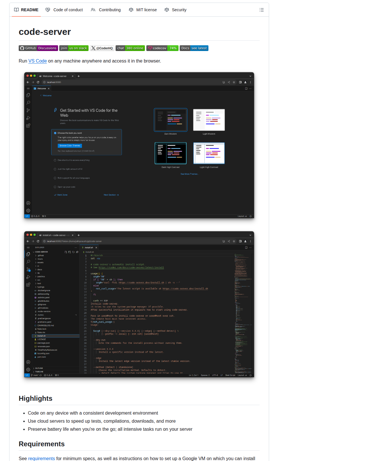 code-server 的 GitHub 儲存庫 README 開頭，顯示 code-server 標題、GitHub Discussions 與 Slack 徽章，以及「Run VS Code on any machine anywhere and access it in the browser」說明與兩張介面截圖