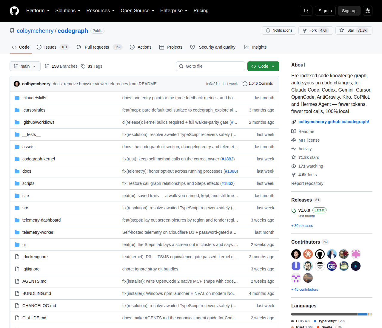colbymchenry/codegraph 關於側欄統計（71.8k 星標、171 位關注者、4.6k 分支，以及 C、TypeScript、Rust 等語言比例）