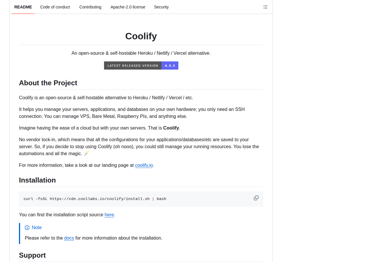 Coolify README 開頭（項目名稱「Coolify」+ 標語「An open-source & self-hostable Heroku / Netlify / Vercel alternative」+ 最新版本 4.3.3 徽章 + About the Project 介紹）