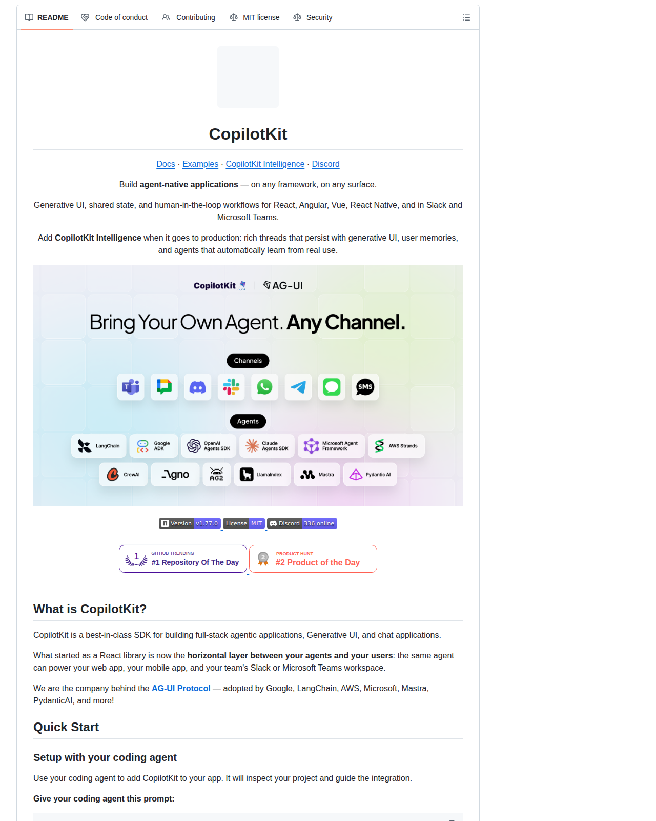 CopilotKit 的 GitHub 儲存庫 README 開頭，顯示專案名稱 CopilotKit、副標題說明可在任何框架與任何介面建構代理原生應用，並列出文件、範例與 Discord 連結