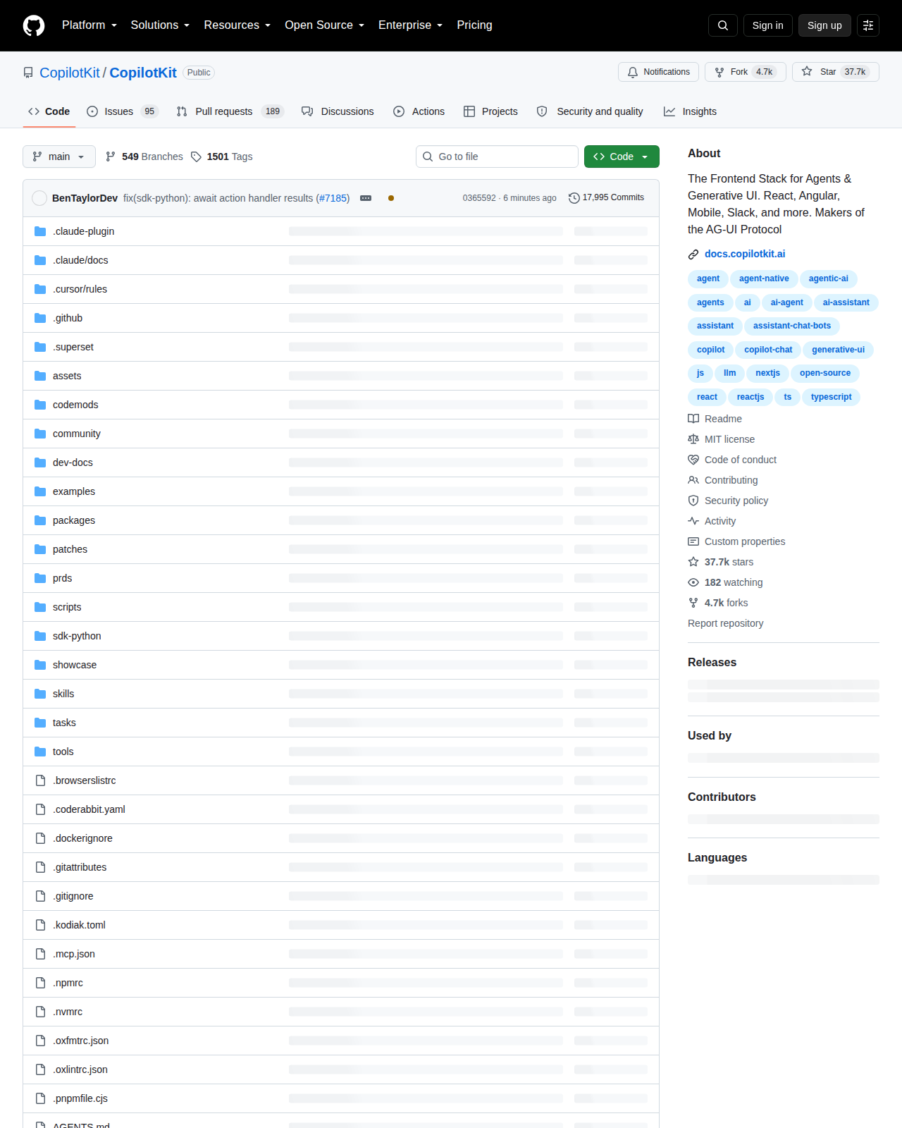 CopilotKit 的 GitHub 儲存庫首頁頂部，顯示專案名稱 CopilotKit/CopilotKit、主要語言 TypeScript、37,741 顆星標與 MIT 授權標示