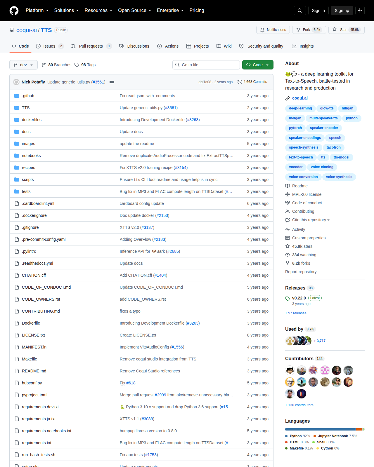 Coqui TTS GitHub 首頁頂部(repo 名稱「coqui-ai / TTS」+ 45.9k 星標 + 6.2k Forks + 描述「🐸💬 - a deep learning toolkit for Text-to-Speech, battle-tested in research and production」+ Python 主要語言 + MPL-2.0 授權)