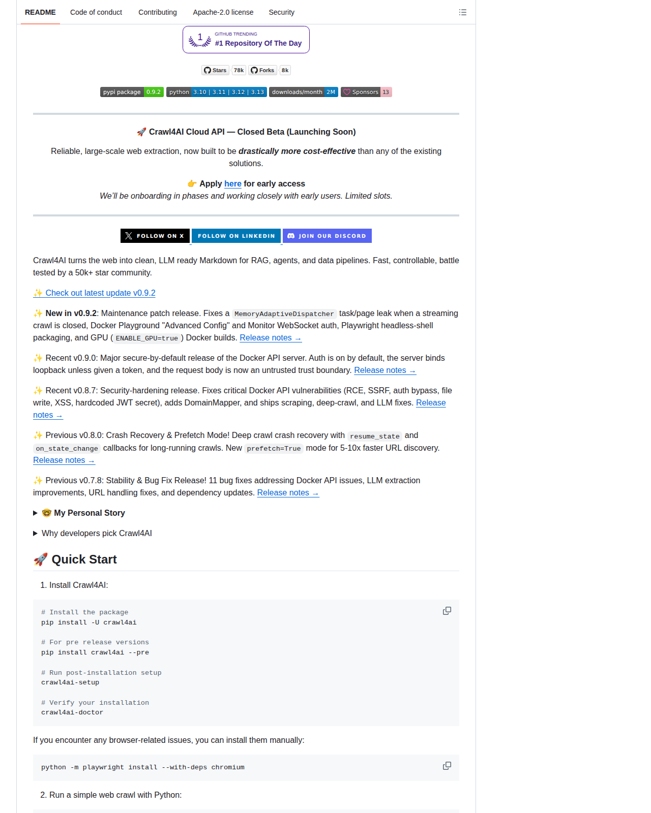 Crawl4AI README 開頭（項目名稱「Crawl4AI: Open-source LLM Friendly Web Crawler & Scraper」+ 標語「把網頁變成乾淨的 LLM 用 Markdown」+ 社群徽章）