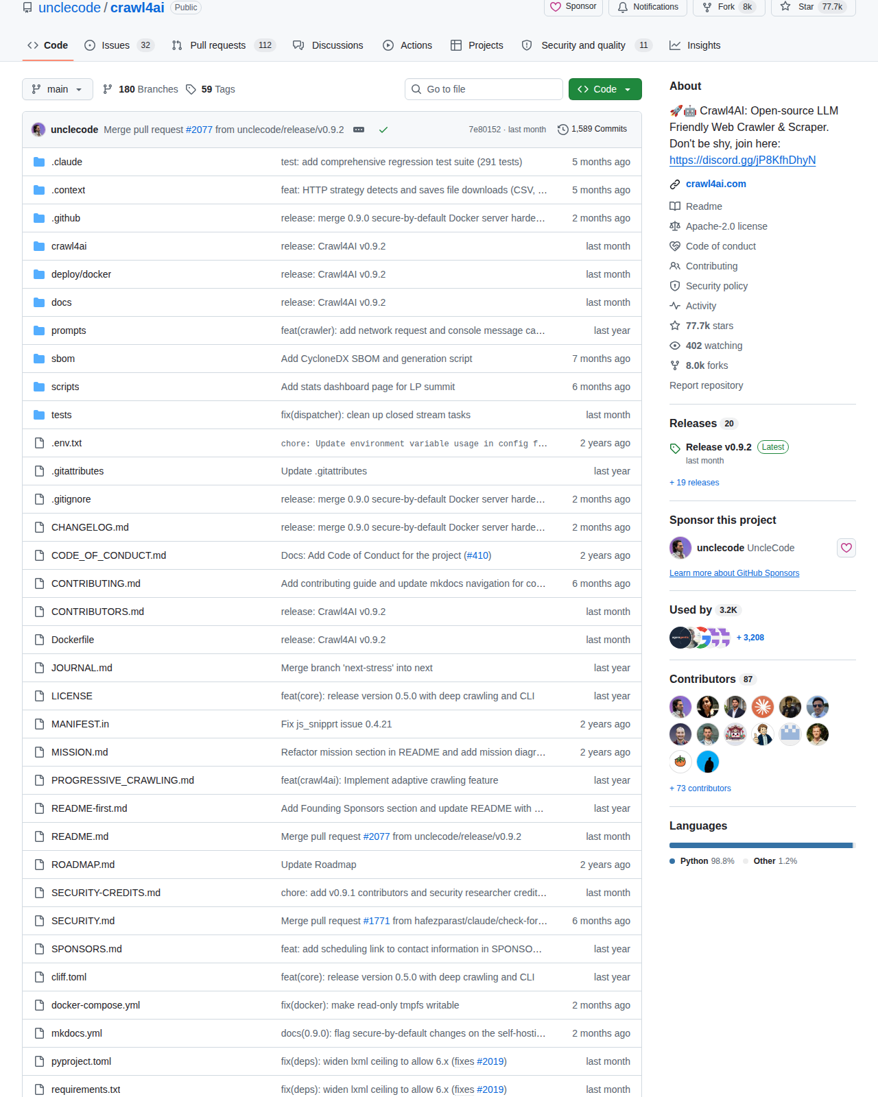 Crawl4AI GitHub 統計側邊欄（77.7k stars、8.0k forks、402 watching、87 位貢獻者、Python 98.8% 語言比例）