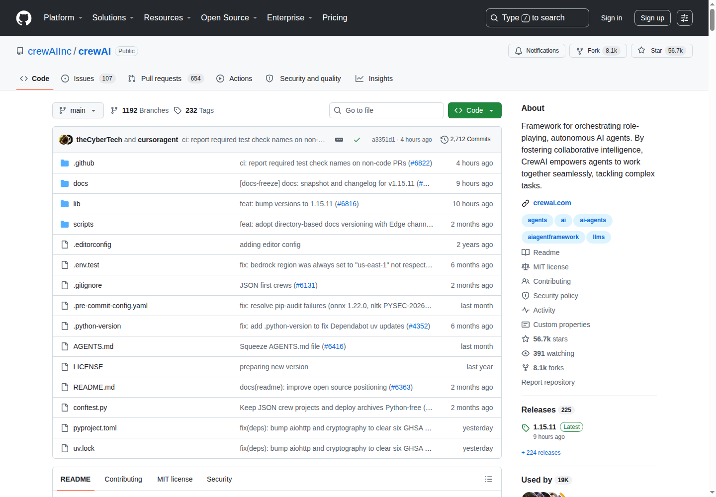 CrewAI GitHub 主頁(56.7k stars + 項目描述)