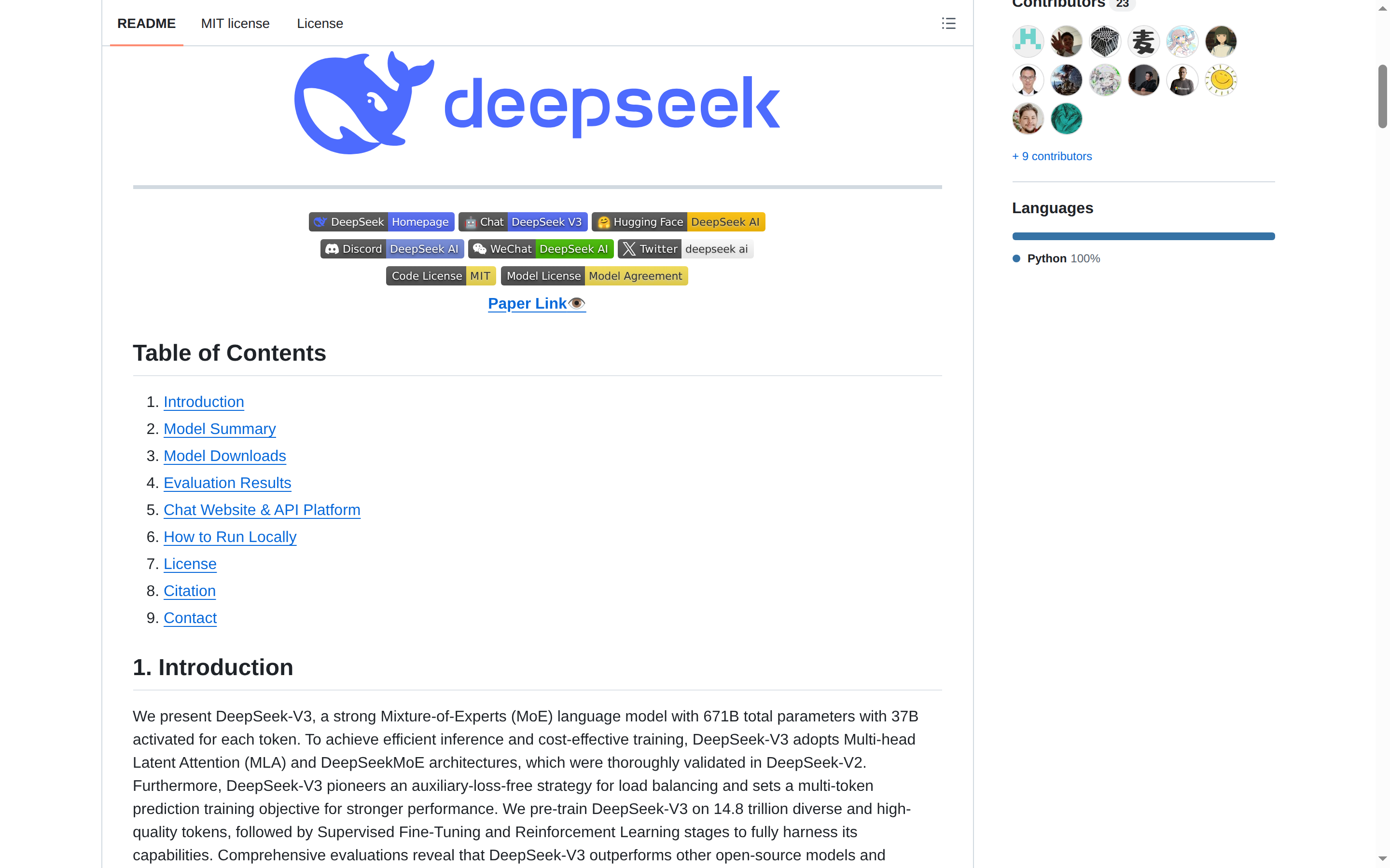 DeepSeek-V3 README 開頭（DeepSeek 標誌與模型資訊）