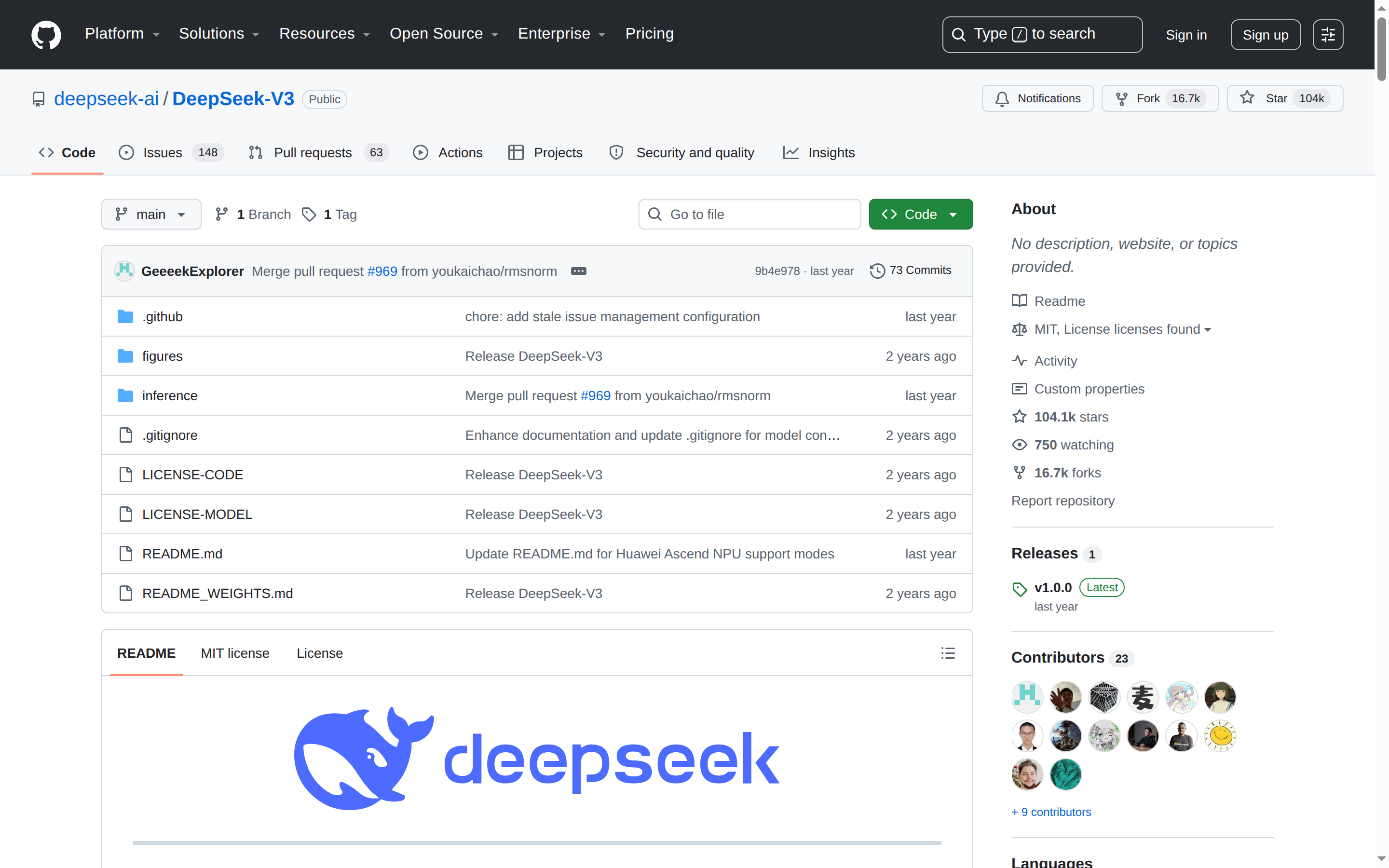 DeepSeek-V3 倉庫首頁（名稱 + 星標 + 復刻數）