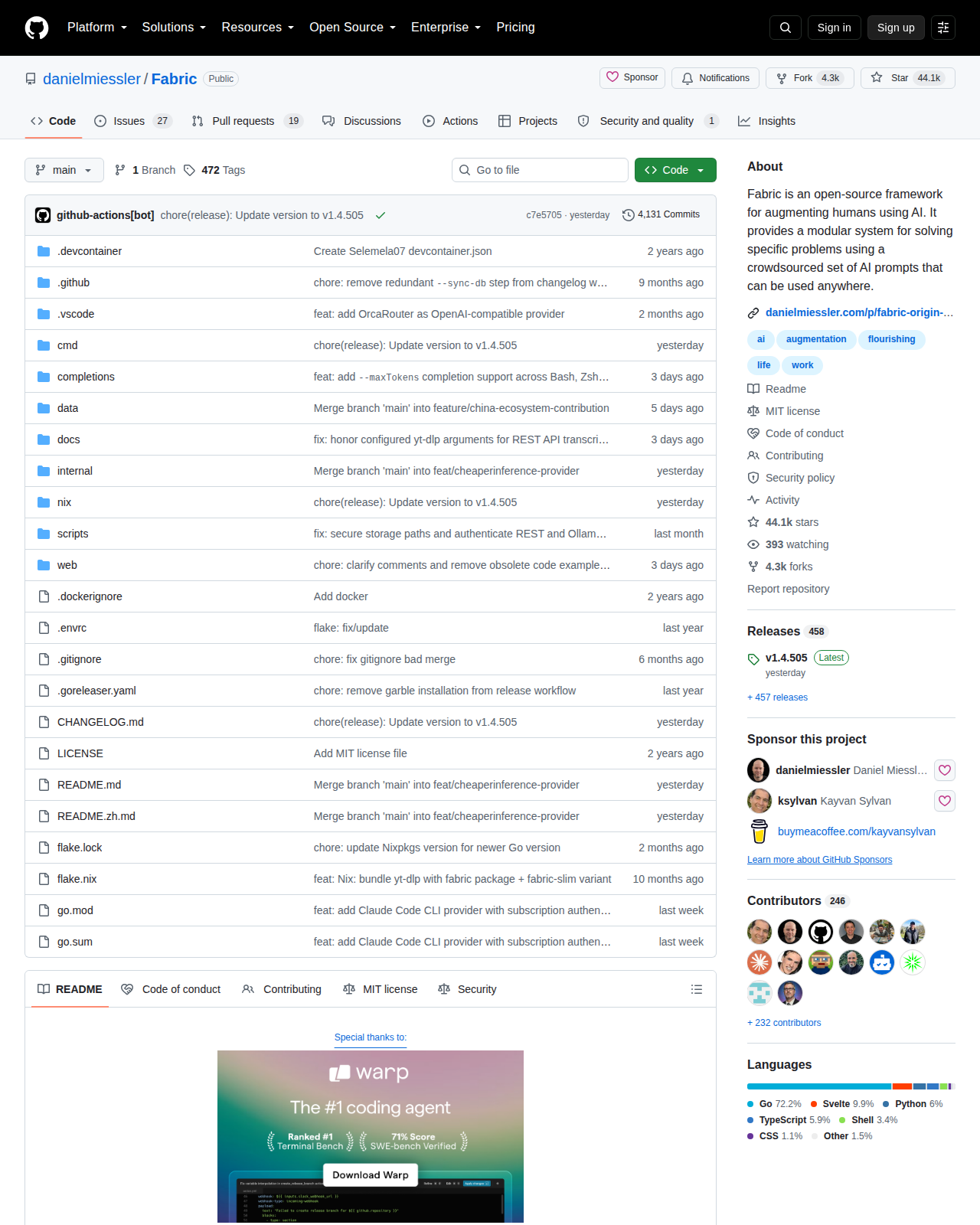 Fabric GitHub 倉庫首頁，顯示倉庫名稱 danielmiessler/Fabric、分支資訊、44.1k 星標數與複製次數