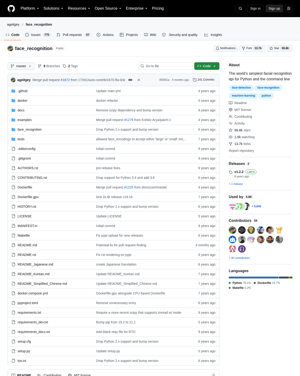 face_recognition GitHub 首頁頂部(儲存庫名稱、星標數量與項目描述)