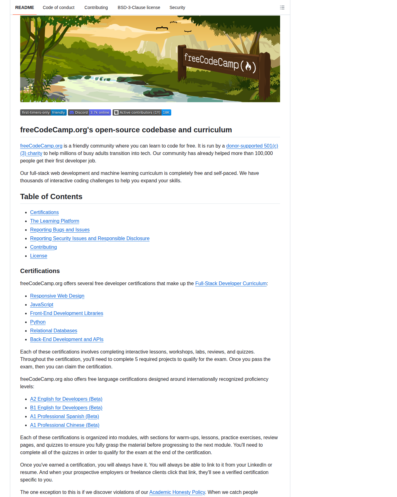 freeCodeCamp README 開頭（項目品牌橫幅、freeCodeCamp.org's open-source codebase and curriculum 標題與項目簡介）
