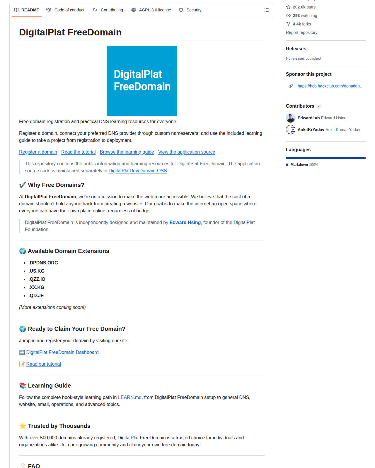 FreeDomain 的 GitHub 儲存庫 README 開頭，顯示專案名稱 DigitalPlat FreeDomain、標語「Free domain registration and practical DNS learning resources」與免費域名申請入口