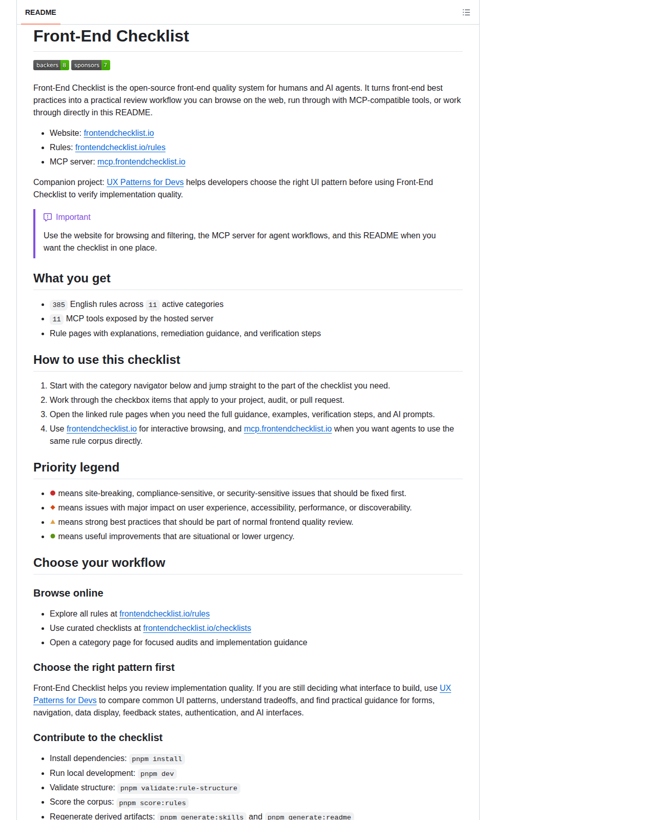Front-End Checklist README 開頭（項目名稱 + 人類與 AI Agent 共用品質系統簡介）