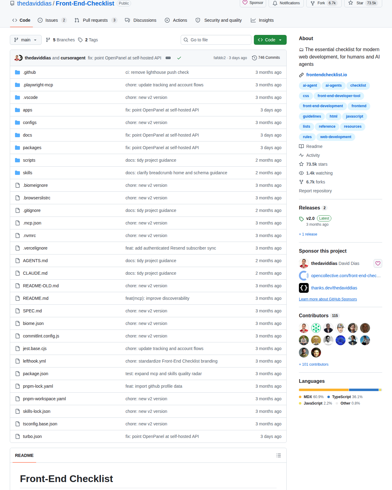 Front-End Checklist GitHub 統計數據（Star 歷史圖表 + 貢獻者分佈）