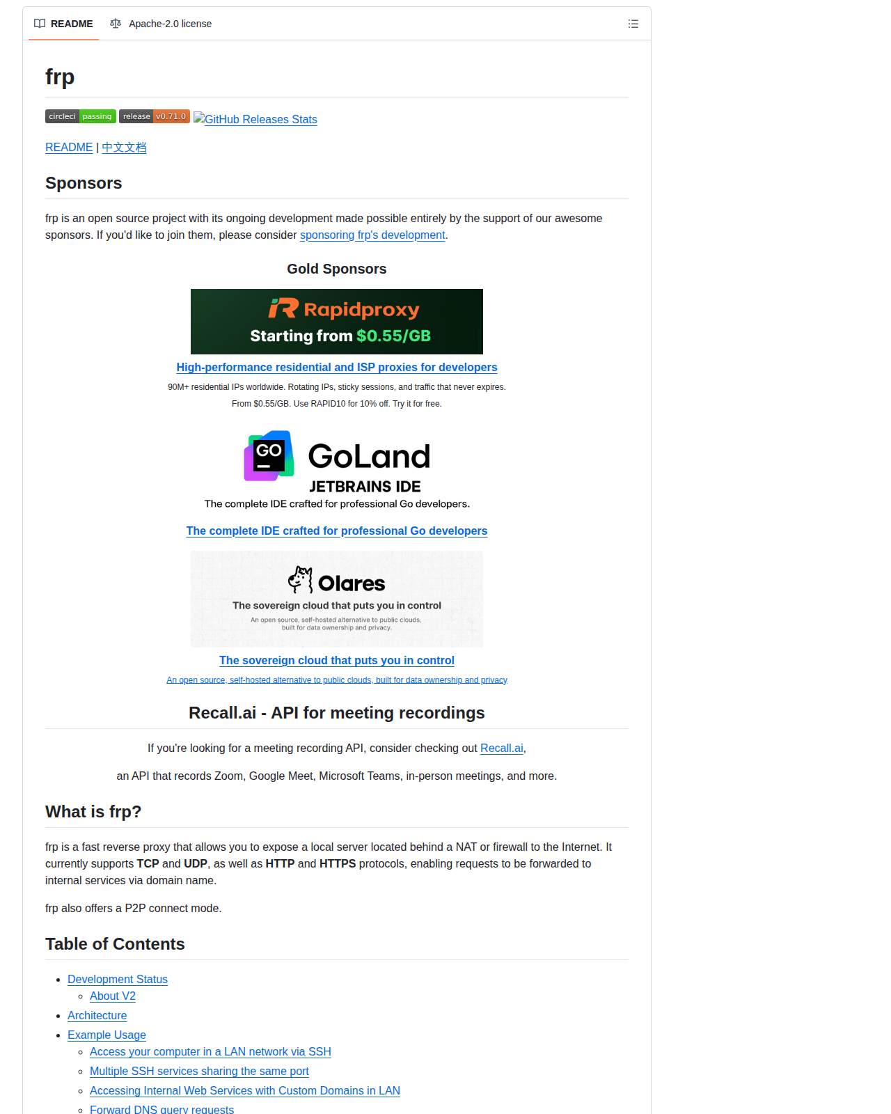 frp 的 GitHub 儲存庫 README 開頭，顯示專案標題「frp」、多語言說明文件連結、贊助商區塊，以及「What is frp?」段落對反向代理定位與 TCP、UDP、HTTP、HTTPS 支援範圍的說明