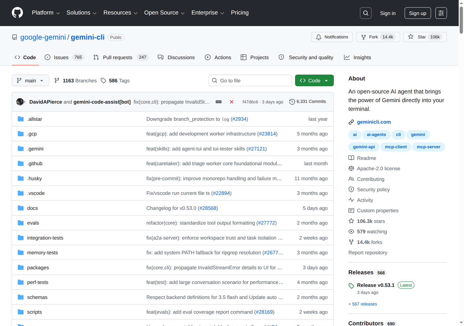 Gemini CLI GitHub 主頁（106.3k stars）