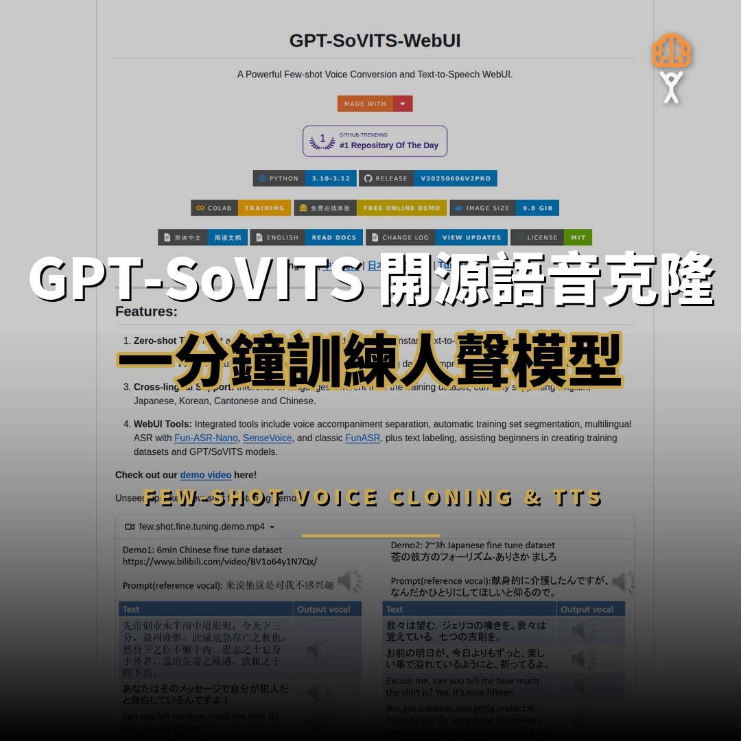 60,916 星開源項目：GPT-SoVITS — 語音克隆與文字轉語音工具