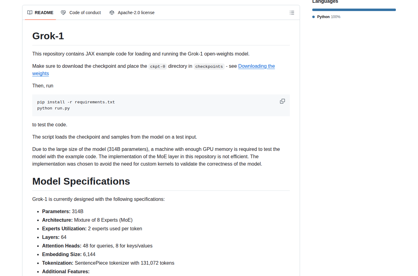 Grok-1 README 開頭（項目名稱 Grok-1 與 JAX 範例程式碼說明）