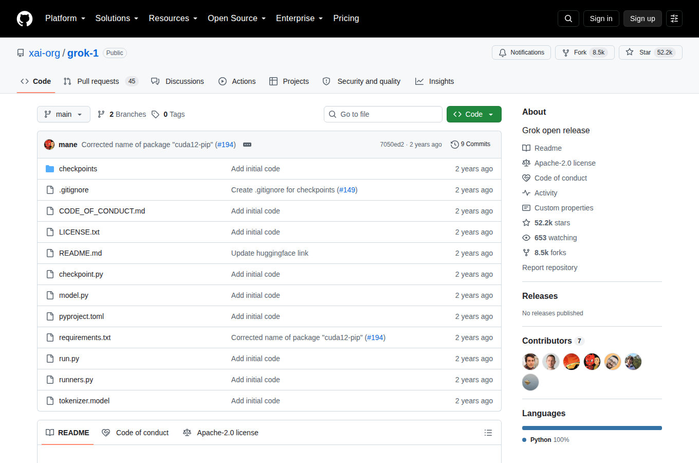 Grok-1 GitHub 首頁頂部（repo 名稱 xai-org/grok-1、52.2k Star 數與 Grok open release 描述）