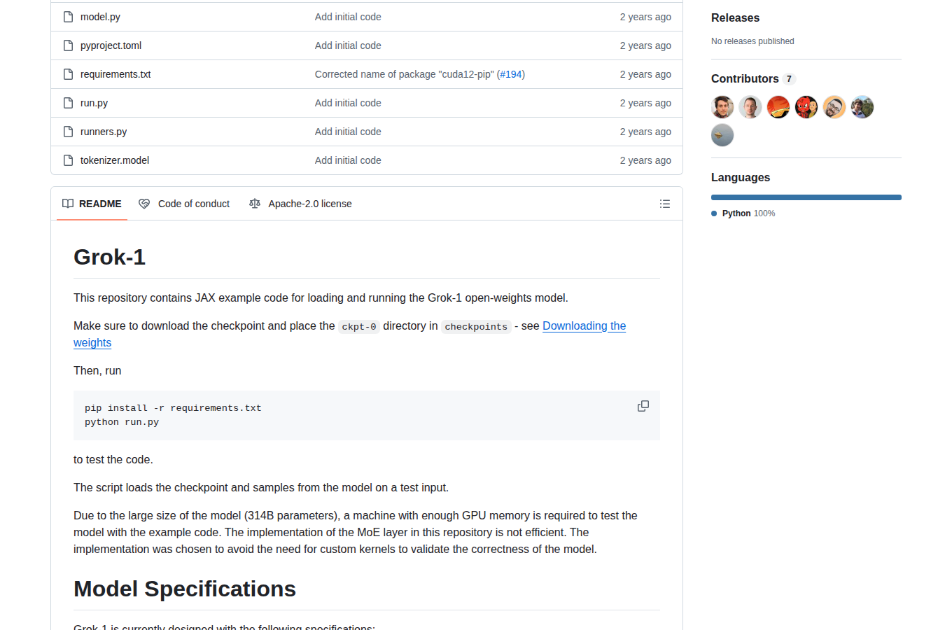 Grok-1 GitHub 統計區截圖（repo 描述、7 位 Contributors 與 Python 100% 語言分佈）