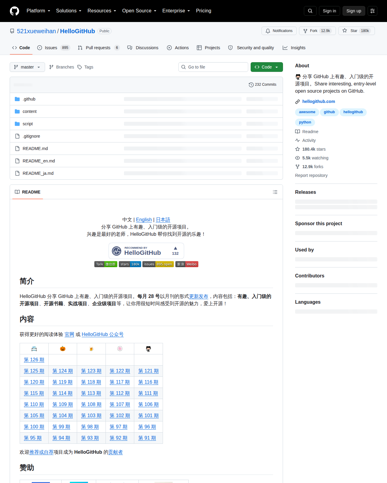 HelloGitHub 的 GitHub 儲存庫首頁頂部，顯示 repo 名稱 521xueweihan/HelloGitHub、180k 星標、129k 複製次數、開源授權與主題標籤