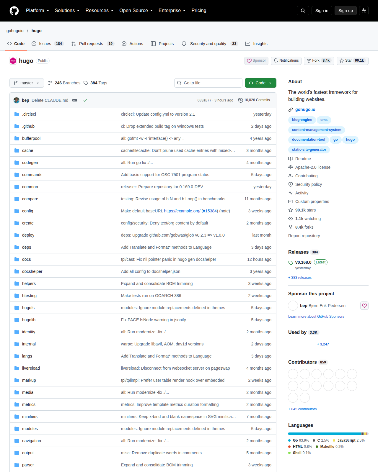 Hugo 儲存庫首頁頂部，顯示專案名稱「gohugoio/hugo」、說明「The world's fastest framework for building websites.」、約 90.1k 星標與 8.4k 複製數，右側為 About 區塊與主題標籤