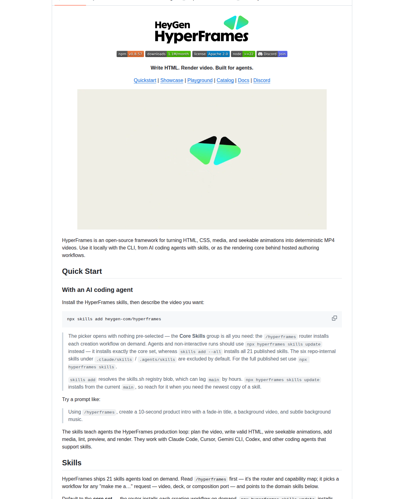 HyperFrames README 開頭（專案名稱 HyperFrames 標誌與標語「Write HTML. Render video. Built for agents.」，下方為 HTML 轉影片的示意圖）