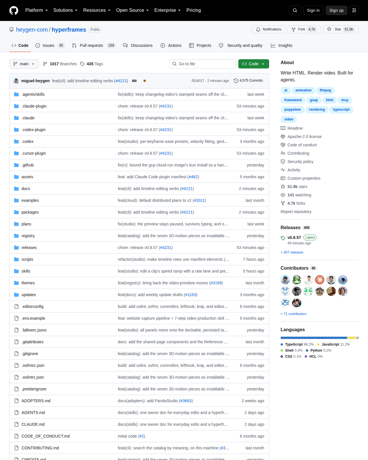heygen-com/hyperframes GitHub 首頁頂部（儲存庫名稱、51.9k 星標、4.7k 分支與「Write HTML. Render video.」描述）